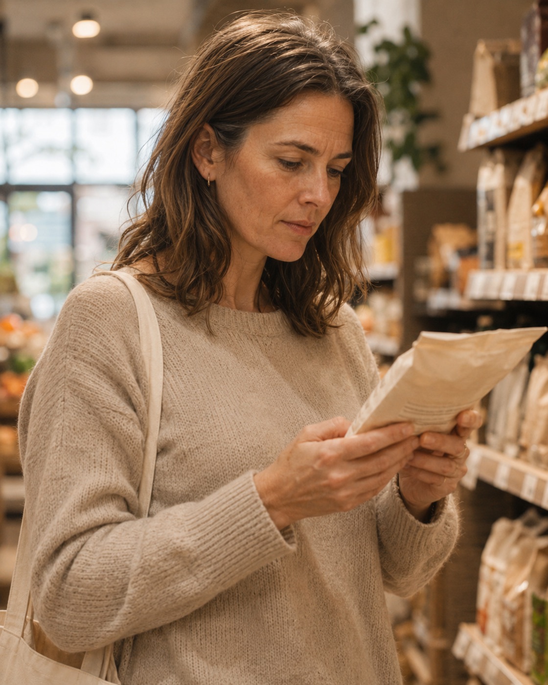 Vrouw leest het etiket van een product in een winkel
