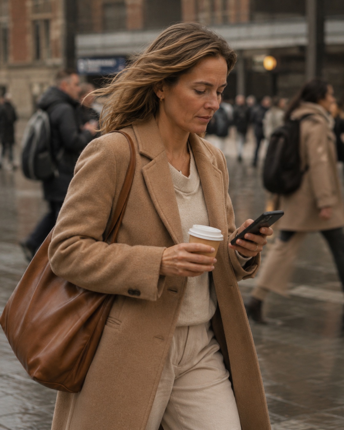 Vrouw onderweg door de stad tijdens een drukke dag